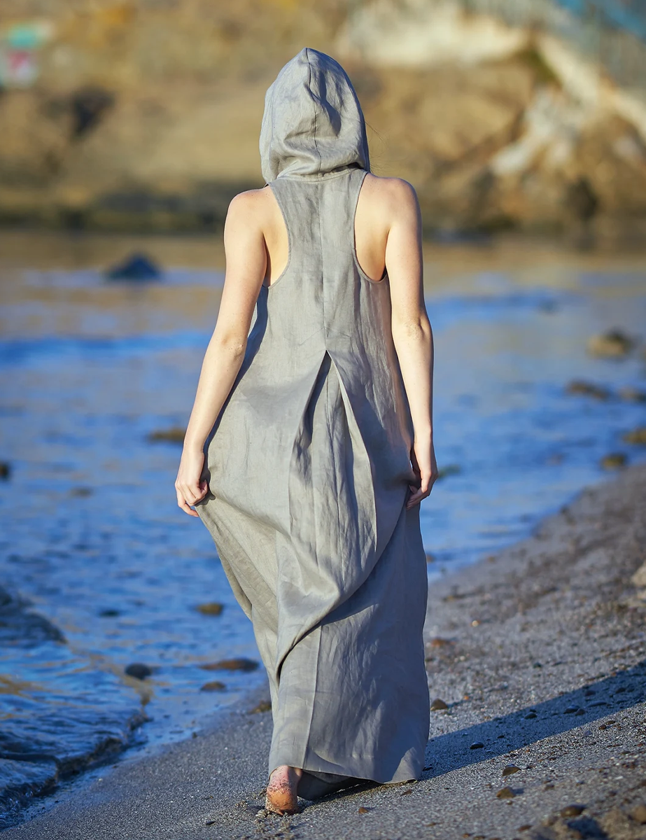 Linen Hoodie Sleeveless Kaftan Dress