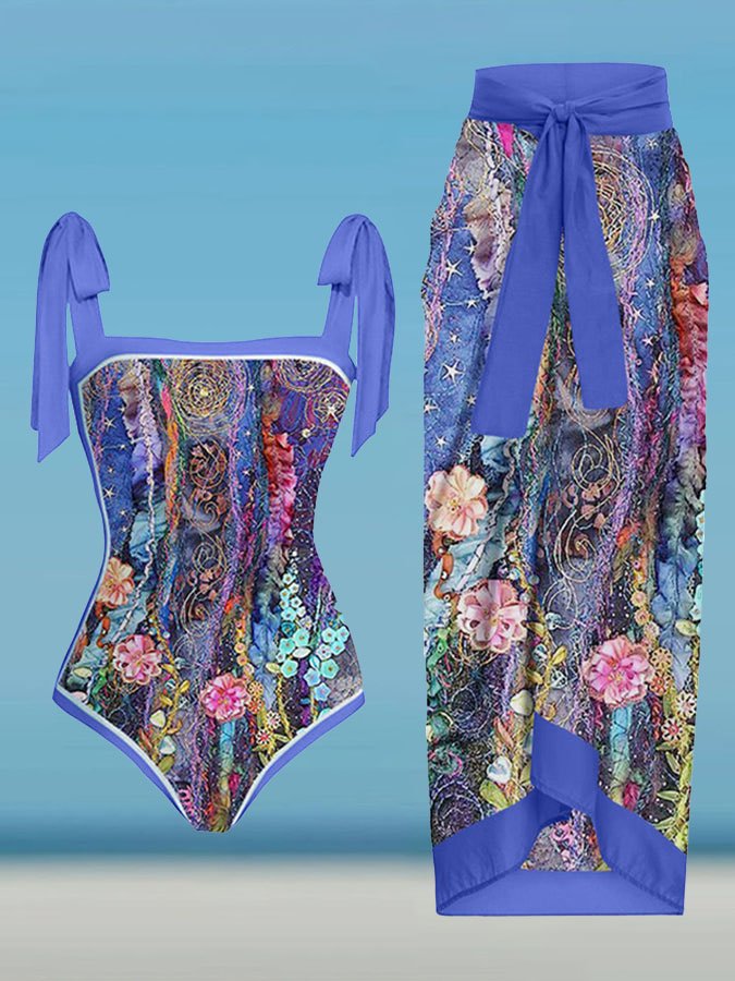 Fashion Floral Print One-Piece Swimsuit Set