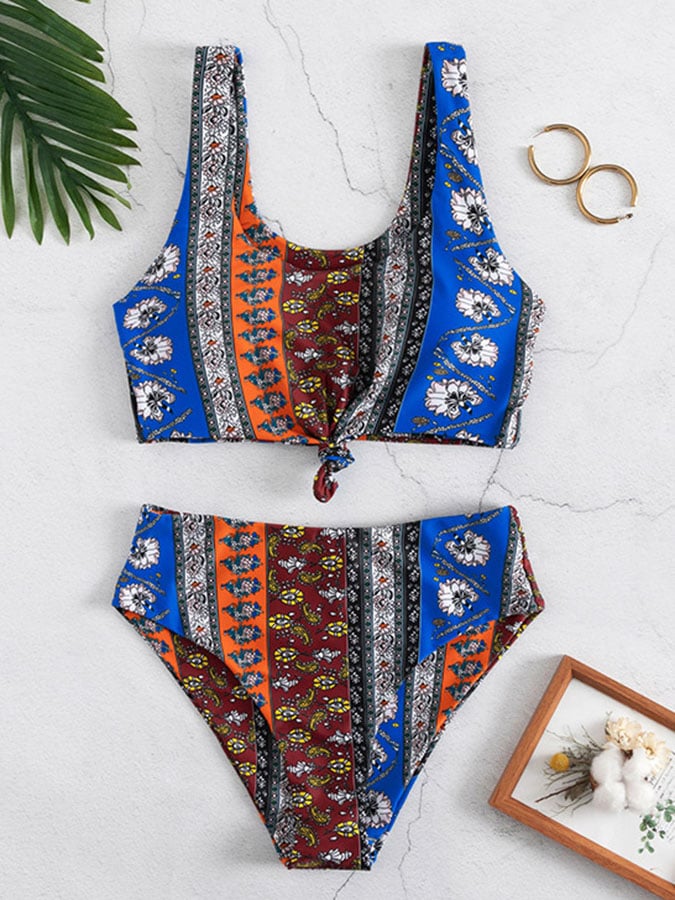 Knitted vintage Bohemian floral split bikini