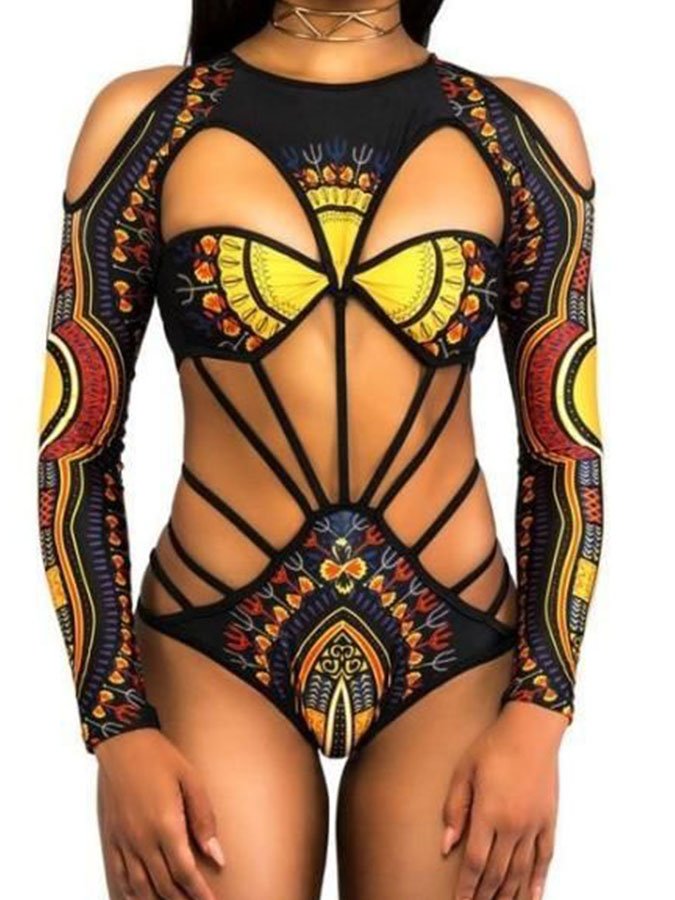 Vintage Pattern Cutout Contrast One-Piece Swimsuit