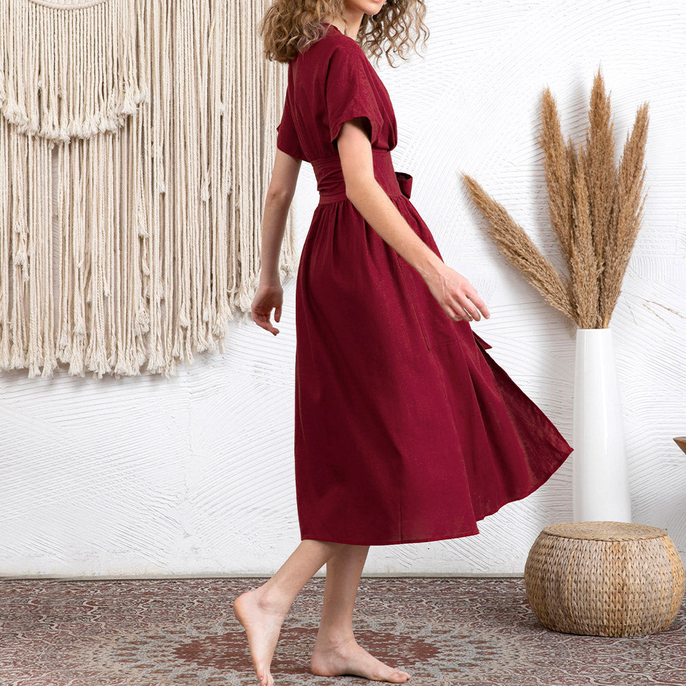 Casual V-Neck Belted High Waist Short Sleeves Linen Dress