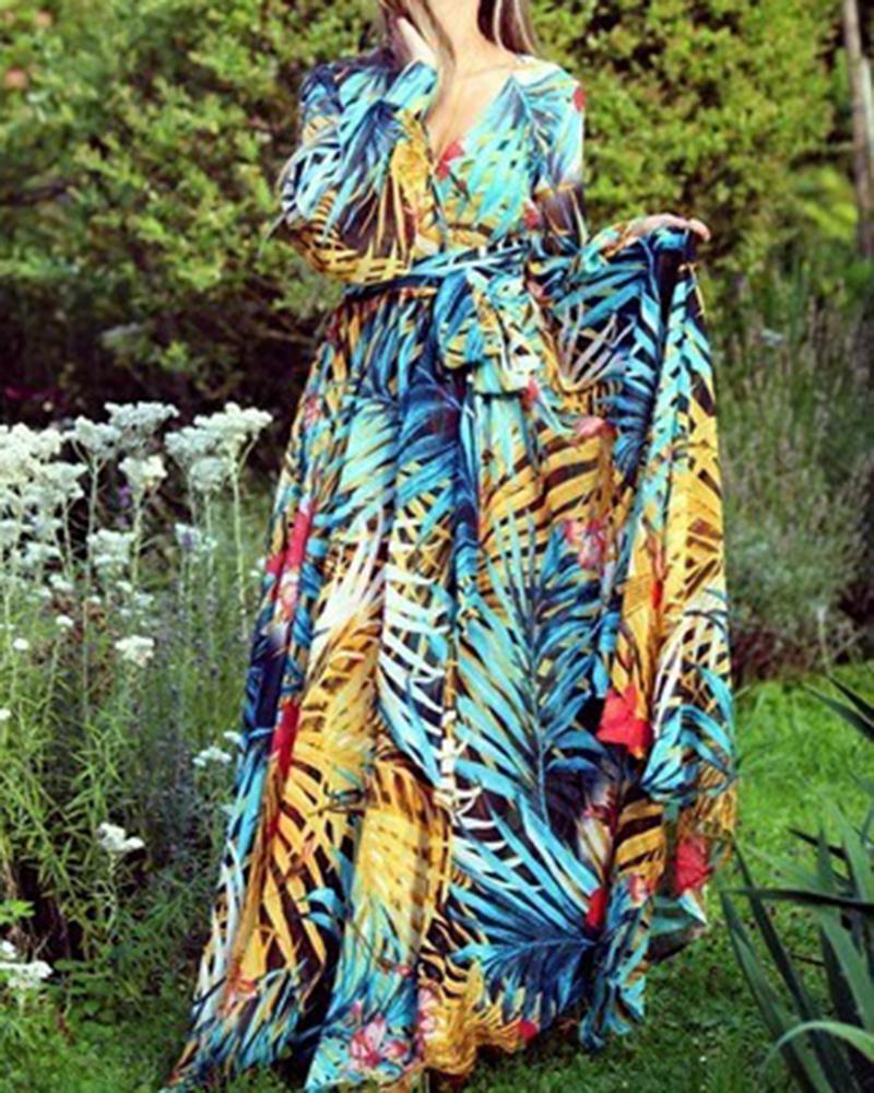 Green Leaf Print Maxi Dress