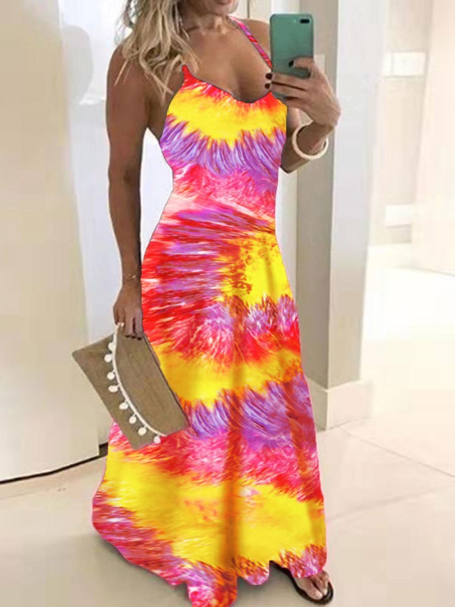 Tie-dye Diagonal Stripe Print V-neck Strap Dress