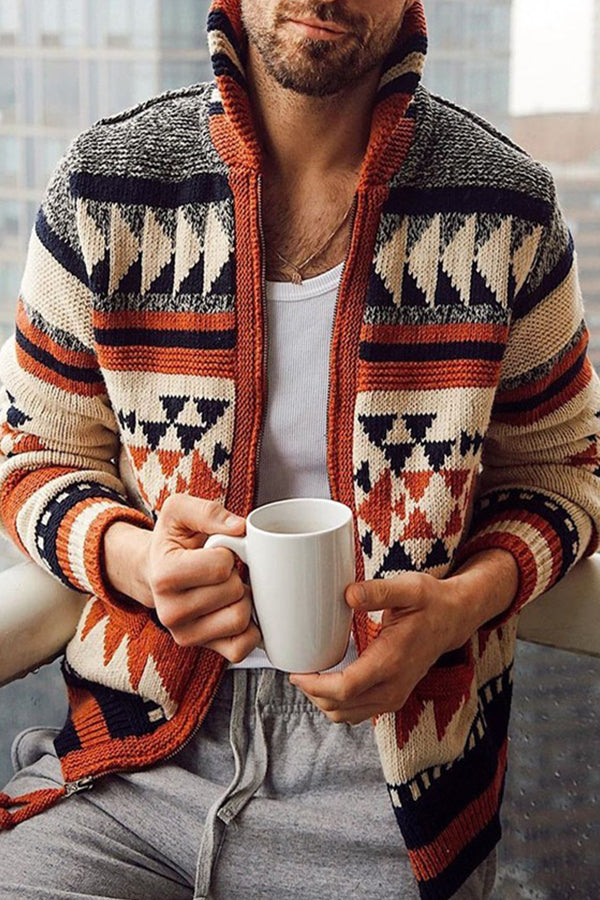 Men's Casual Jacquard Cardigan Coat Long Sleeve Lapel Loose Sweater