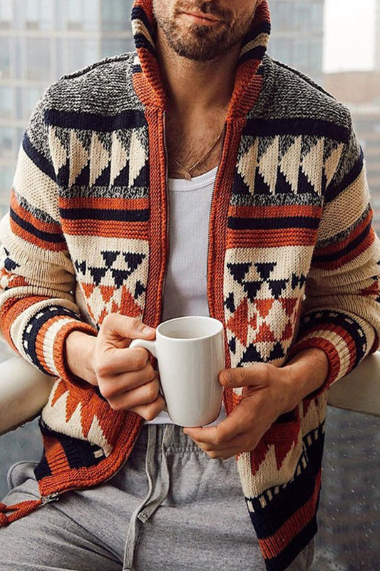 Men's Casual Jacquard Cardigan Coat Long Sleeve Lapel Loose Sweater