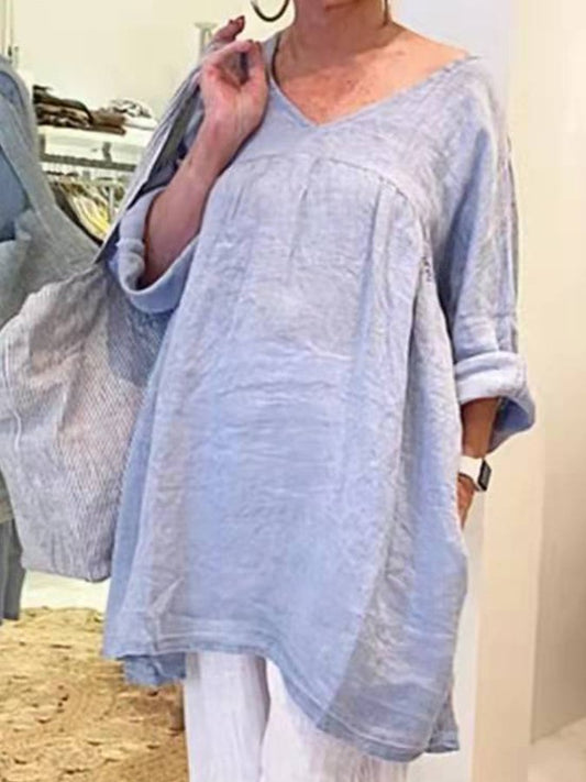 Ladies Cotton Linen V-Neck Loose Shirt