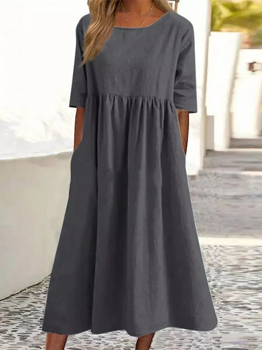 Mother's Day Sale - 50% OFF-Women's Casual Basic Outdoor Crew Neck Pocket Smocked Cotton Dress