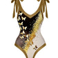V-Neck Colorblock Butterfly Print One-Piece Swimsuit Set