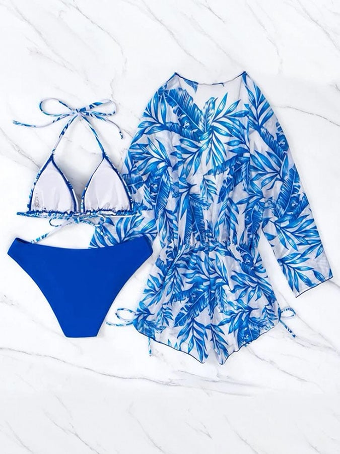 Three-piece bikini leaf print waist lace up long-sleeved beach sunscreen swimsuit