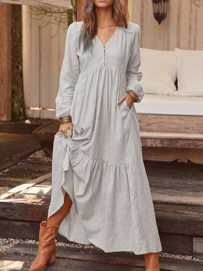 Women's Vintage Cotton Linen Long Sleeve Dress