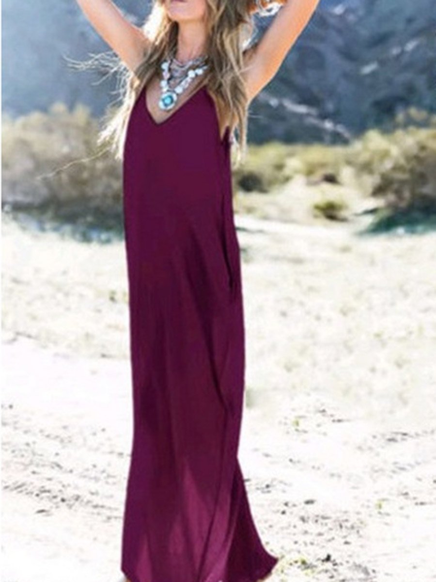 V-Neck Straps Solid Color Dress