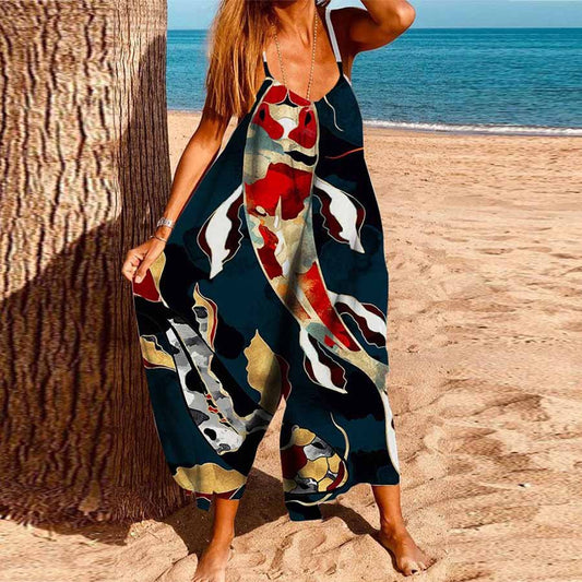 Women's Casual Colorful Fish Print Sleeveless Loose Jumpsuit