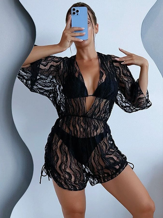 Sexy mesh waist drawstring sunscreen blouse 3-piece bikini