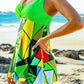 Geometric Print Cross Front Wide Strap Swimdress And Shorts