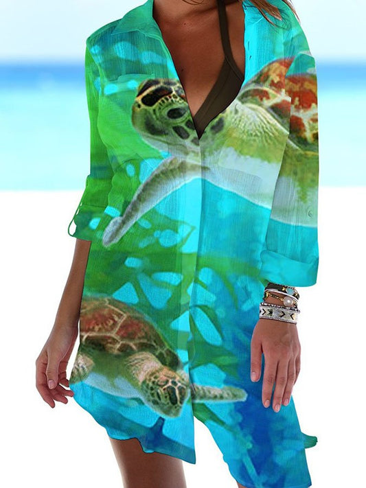 Turtle Print Casual Women'S Shirt