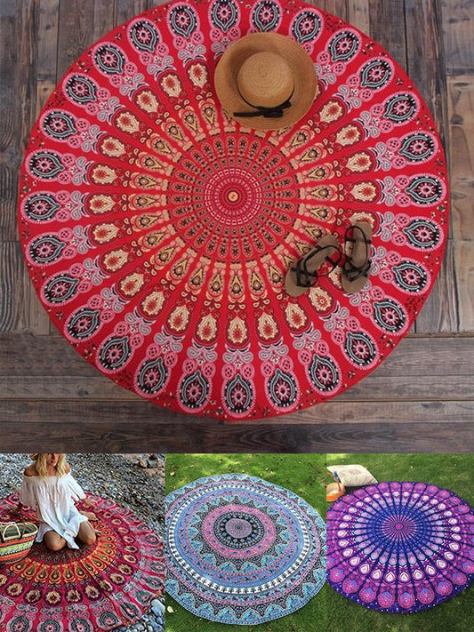 Women's retro feather print round beach towel scarf