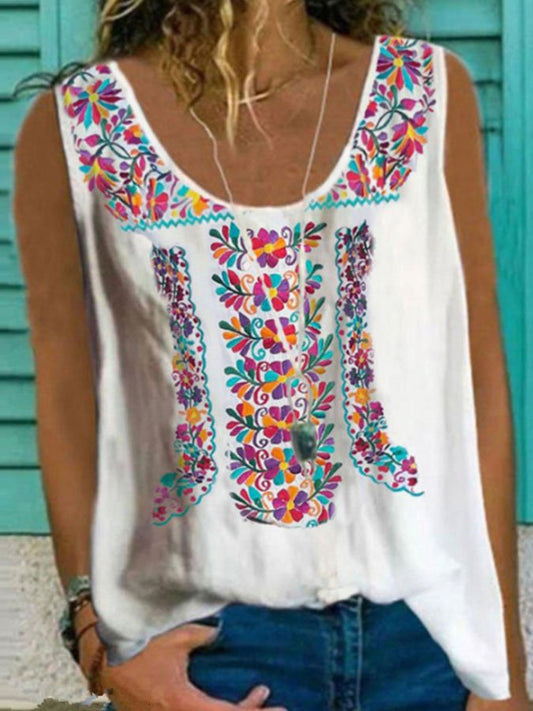 Crew Neck Ethnic Print Vest