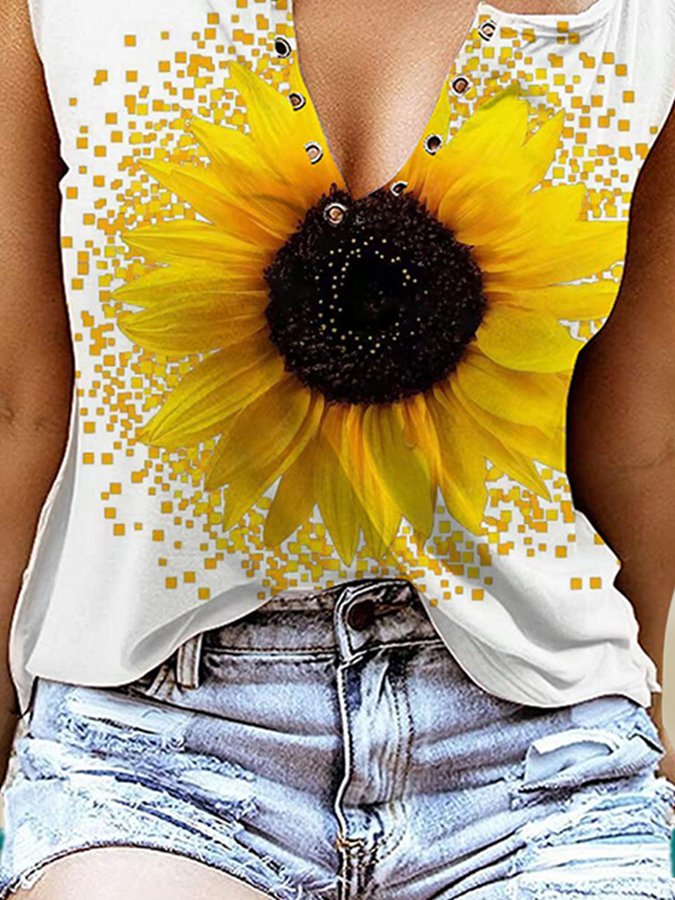 Sunflower Print V-Neck Tank Top