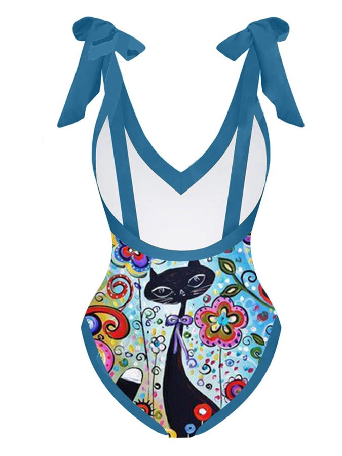 Fashion Cat Print V-Neck One-Piece Swimsuit Set