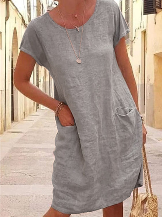 Women's Loose Round Neck Cotton Short Dress