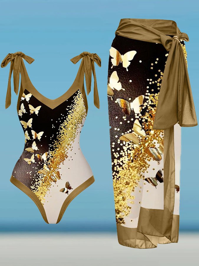 V-Neck Colorblock Butterfly Print One-Piece Swimsuit Set