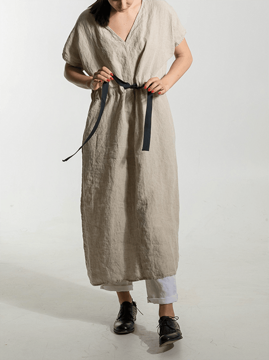 Women's Elegant V-Neck Waist Cotton Dress