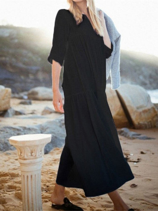 Women's V-neck Pleated Long Cotton Linen Dress