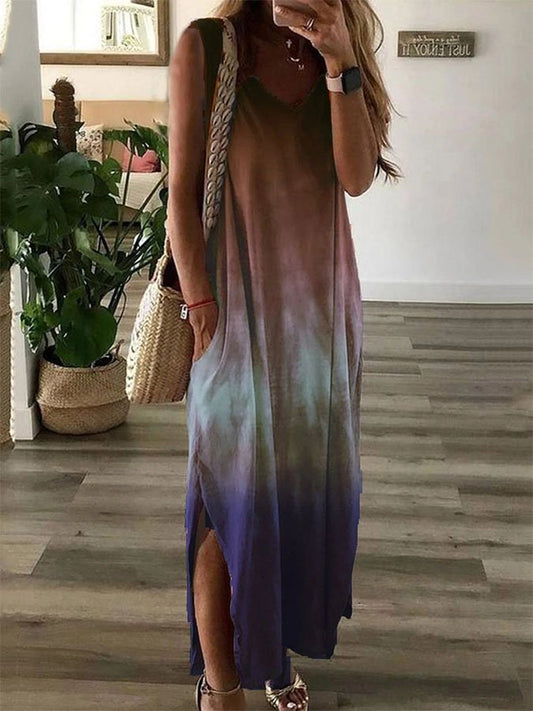 Gradient Tie-Dye Print Sleeveless Maxi Dress