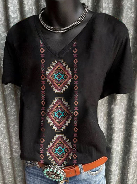 V-Neck Ethnic Geometric Print T-Shirt