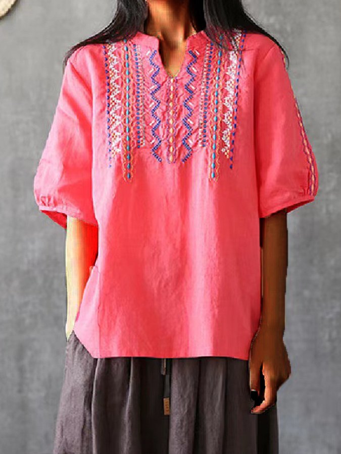 Women's Vintage Embroidery Cotton Linen Short Sleeves