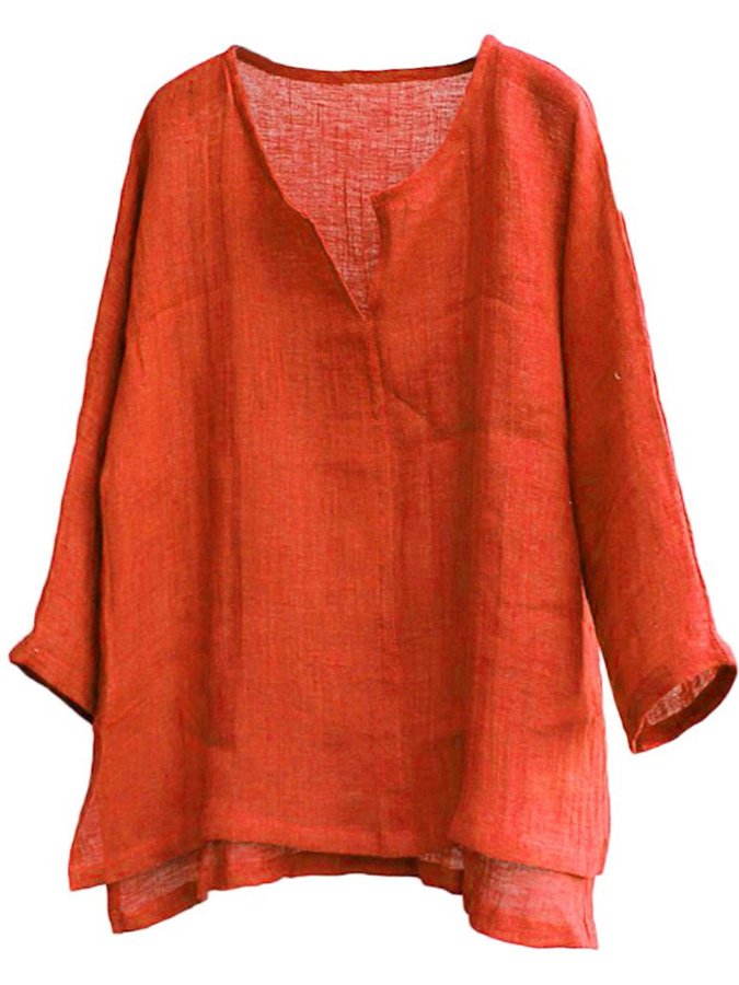 Men's Cotton Linen Loose V-Neck Long Sleeve Shirt
