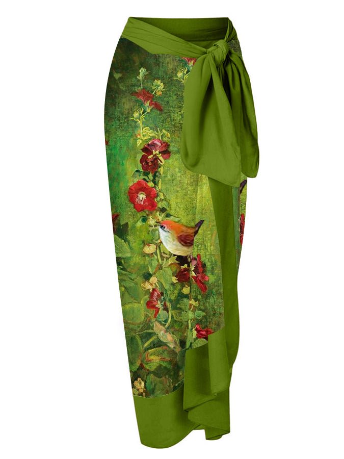 Fashion V-Neck Floral Oil Painting Print One Piece Swimsuit Set