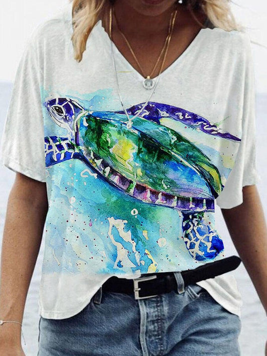 V-Neck Turtle Print T-Shirt