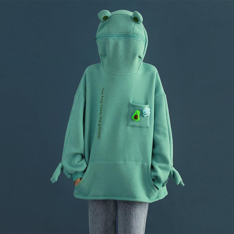 Frog Letter Zipper Pocket Oversized Hoodie THE FROG KISSES THE PRINCESS - Modakawa Modakawa