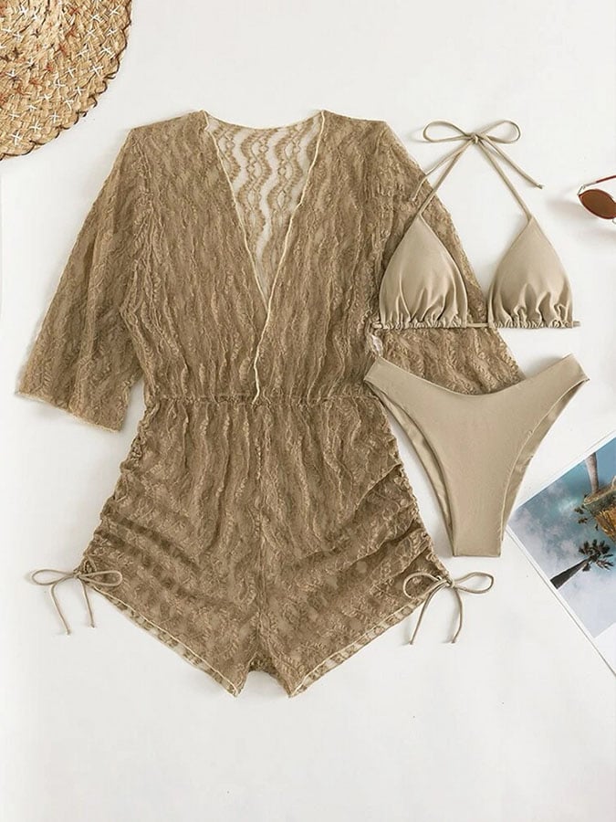 Sexy mesh waist drawstring sunscreen blouse 3-piece bikini