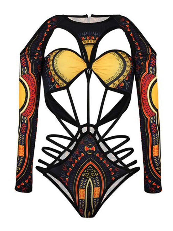 Vintage Pattern Cutout Contrast One-Piece Swimsuit