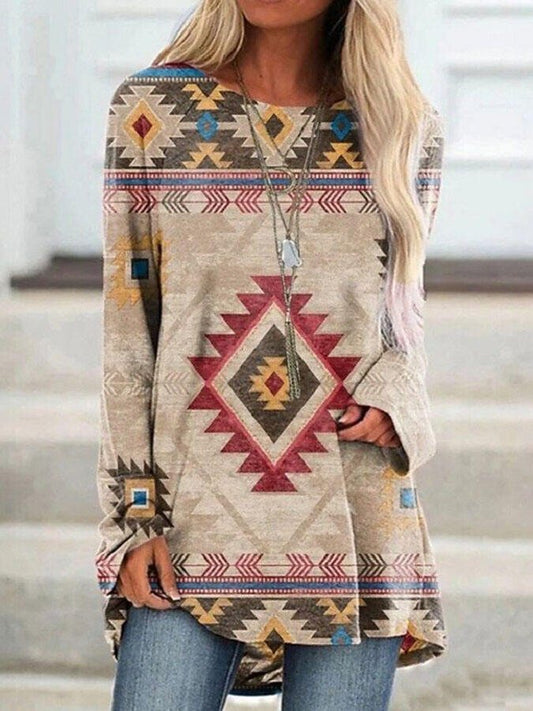 Vintage Crew Neck Long Sleeve Print Top