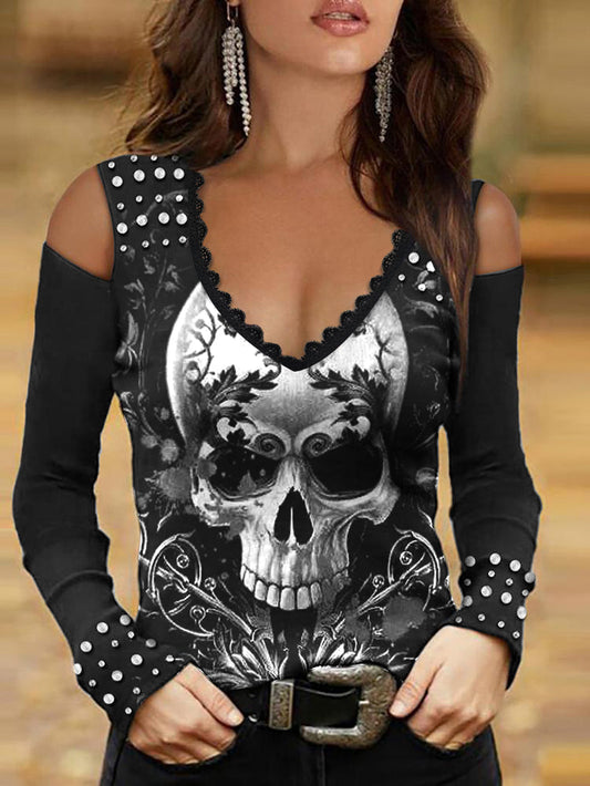 Cold Shoulder Skull Gothic Laced T-Shirt