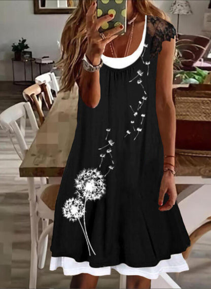 Color Block Lace Cap Sleeve Knee Length Dress