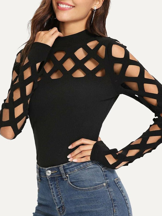 Sexy Black Geometric Cutout Top