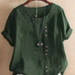 Women's Vintage Cotton Linen Button Crew Neck Short Sleeve T-Shirt