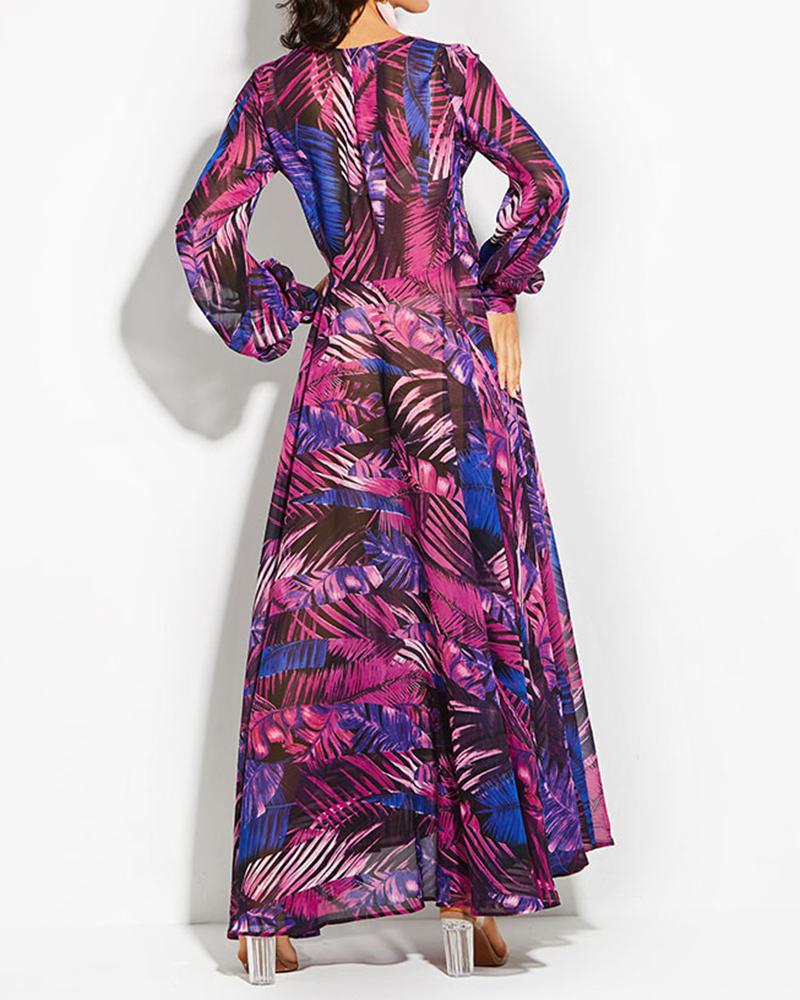 Green Leaf Print Maxi Dress