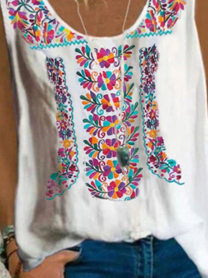 Crew Neck Ethnic Print Vest