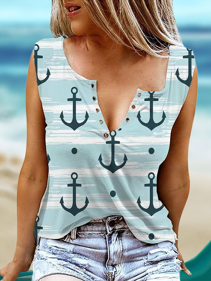 Ocean Print V-Neck Sleeveless Tank Top