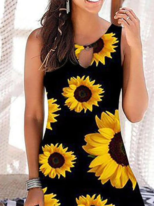 Sunflower Print Sleeveless Resort Dress