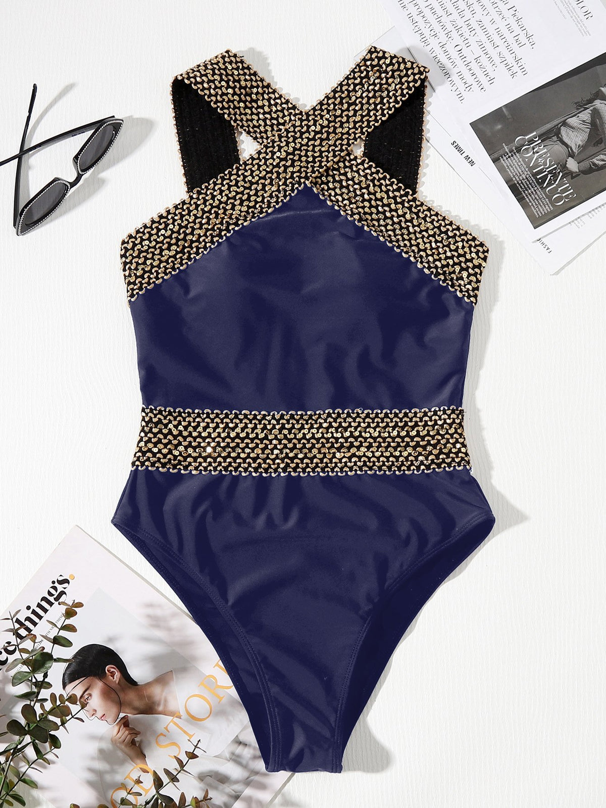 Women's Sequined Cross Neck Sexy One Piece Bikini