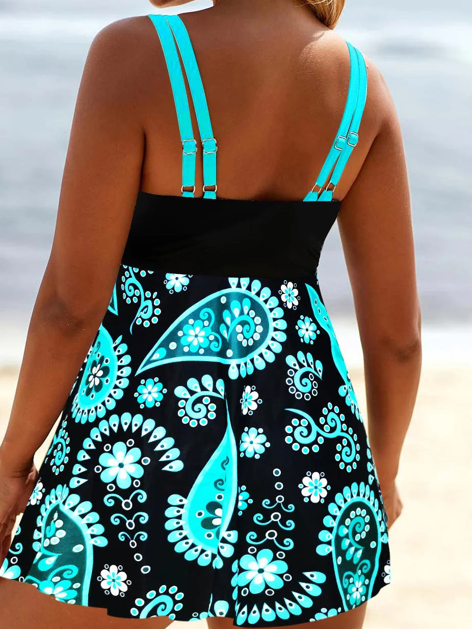 Paisley Print Wide Strap Swimdress And Panty