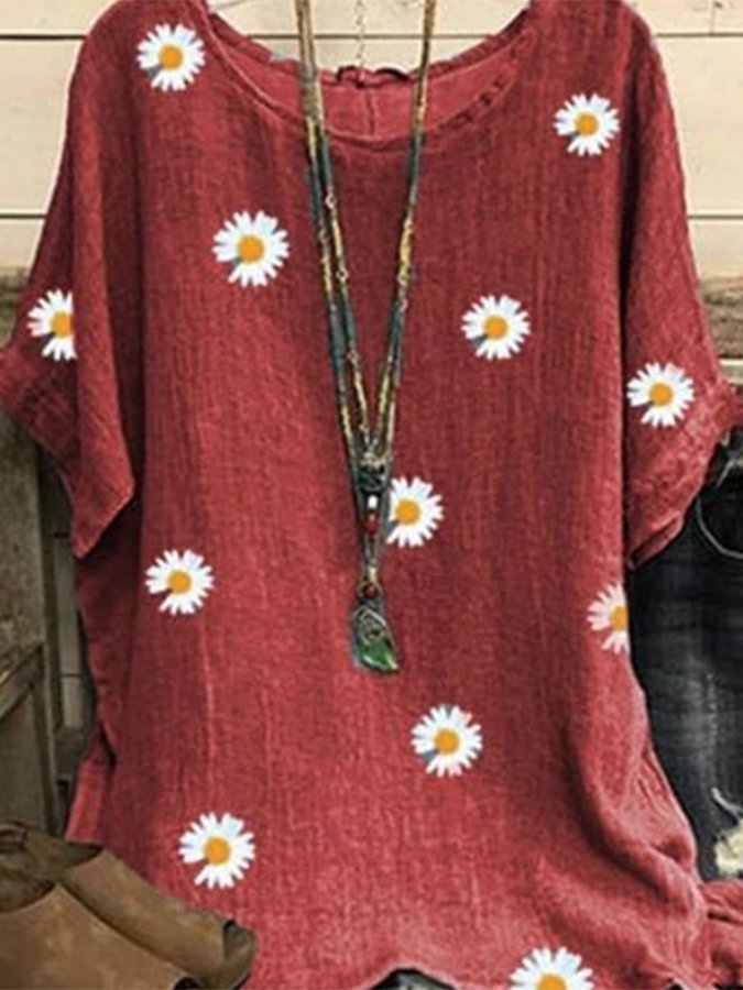 Women's O-neck Daisy Floral Casual Shirt