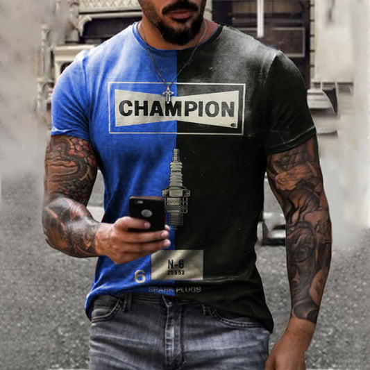 Men's retro spark plug print T-shirt