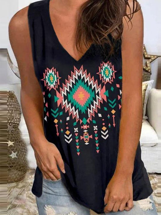 V-Neck Geometric Ethnic Print Sleeveless T-Shirt